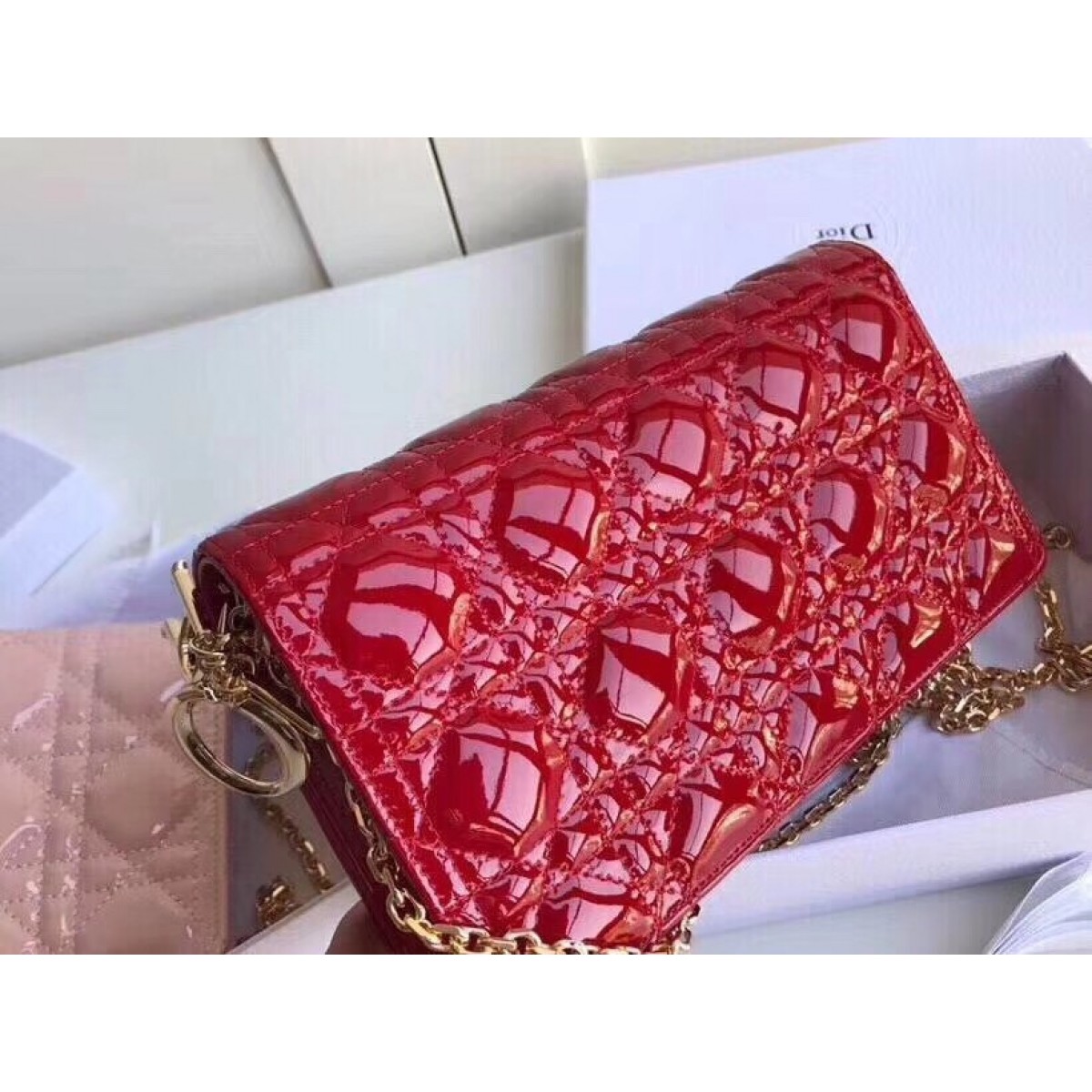 Dior Lady Dior Clutch With Chain In Red Patent Calfskin High Quality Replica