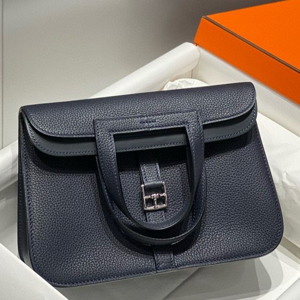 High Quality Replica Hermes Halzan 25 Bag in Blue Nuit Clemence Leather $ 359 USD
