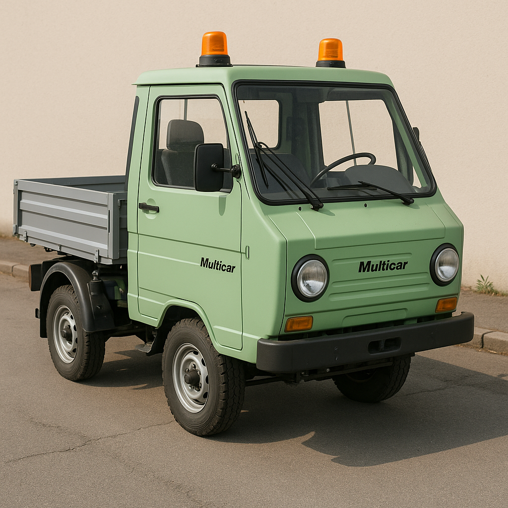 Multiser Car Světle zelená multicar se šedou korbou a oranžovými majáky na střeše ...